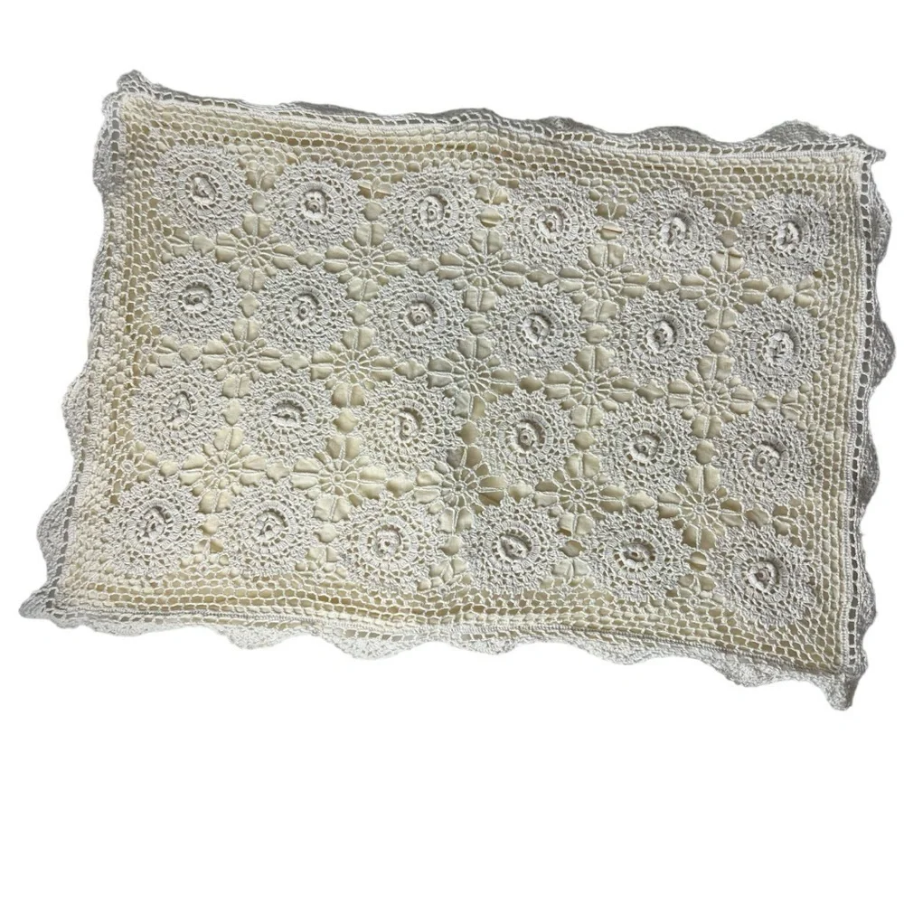 Vtg Crochet Linen Lace Standard Pillow Sham Beige Tan Shabby Cottagecore Chic